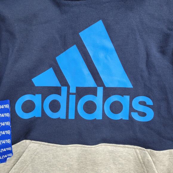 Adidas Youth Hoodie Size L 14/16 Navy Grey‎ Spell Out Logo Fleece Pullover NEW - Picture 12 of 14